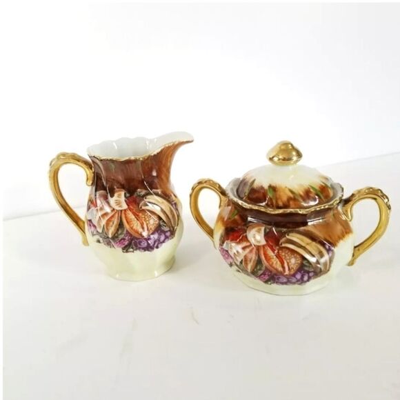 Vintage Set Nippon Yoko Boeki Porcelain Cream & Sugar Bowl Harvest Fruit Design - Picture 1 of 8